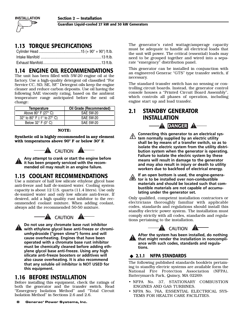 13 torque specifications, 14 engine oil recommendations, 15 coolant recommendations | 16 before installation, 1 standby generator installation | Generac Power Systems 004988-1 User Manual | Page 10 / 48