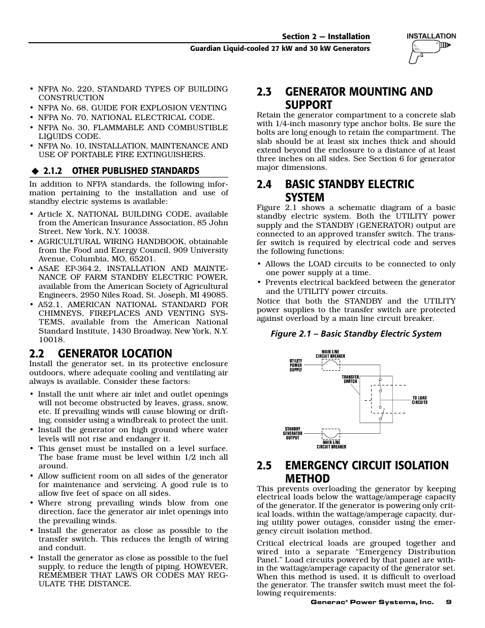 2 generator location, 3 generator mounting and support, 4 basic standby electric system | 5 emergency circuit isolation method | Generac Power Systems 004988-1 User Manual | Page 11 / 48
