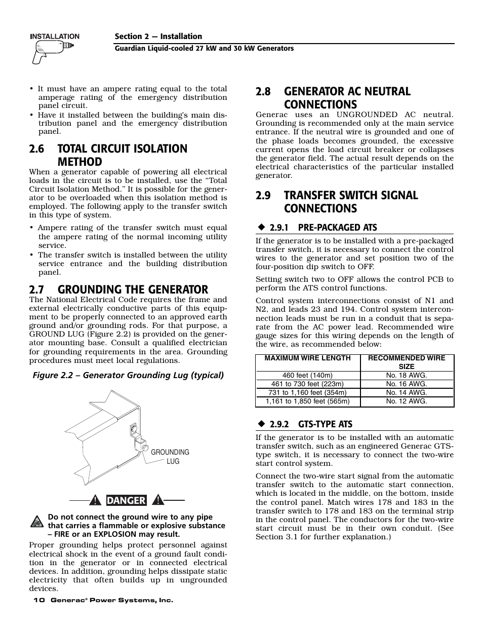 6 total circuit isolation method, 7 grounding the generator, 8 generator ac neutral connections | 9 transfer switch signal connections | Generac Power Systems 004988-1 User Manual | Page 12 / 48