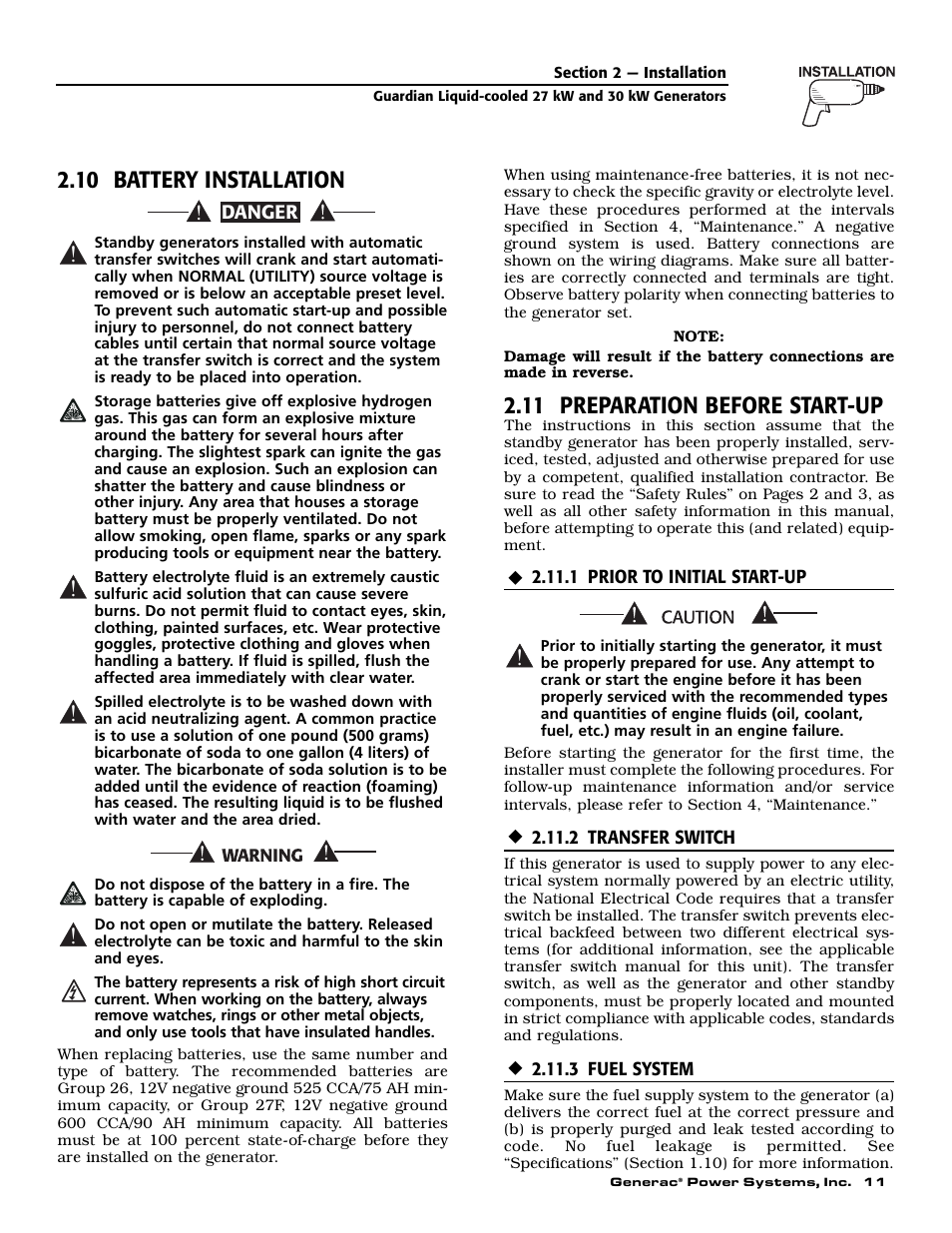 10 battery installation, 11 preparation before start-up | Generac Power Systems 004988-1 User Manual | Page 13 / 48