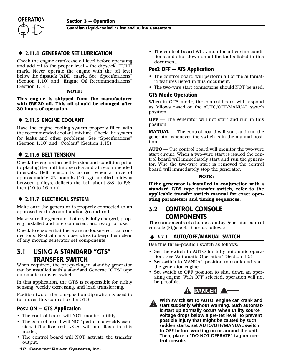1 using a standard “gts” transfer switch, 2 control console components | Generac Power Systems 004988-1 User Manual | Page 14 / 48