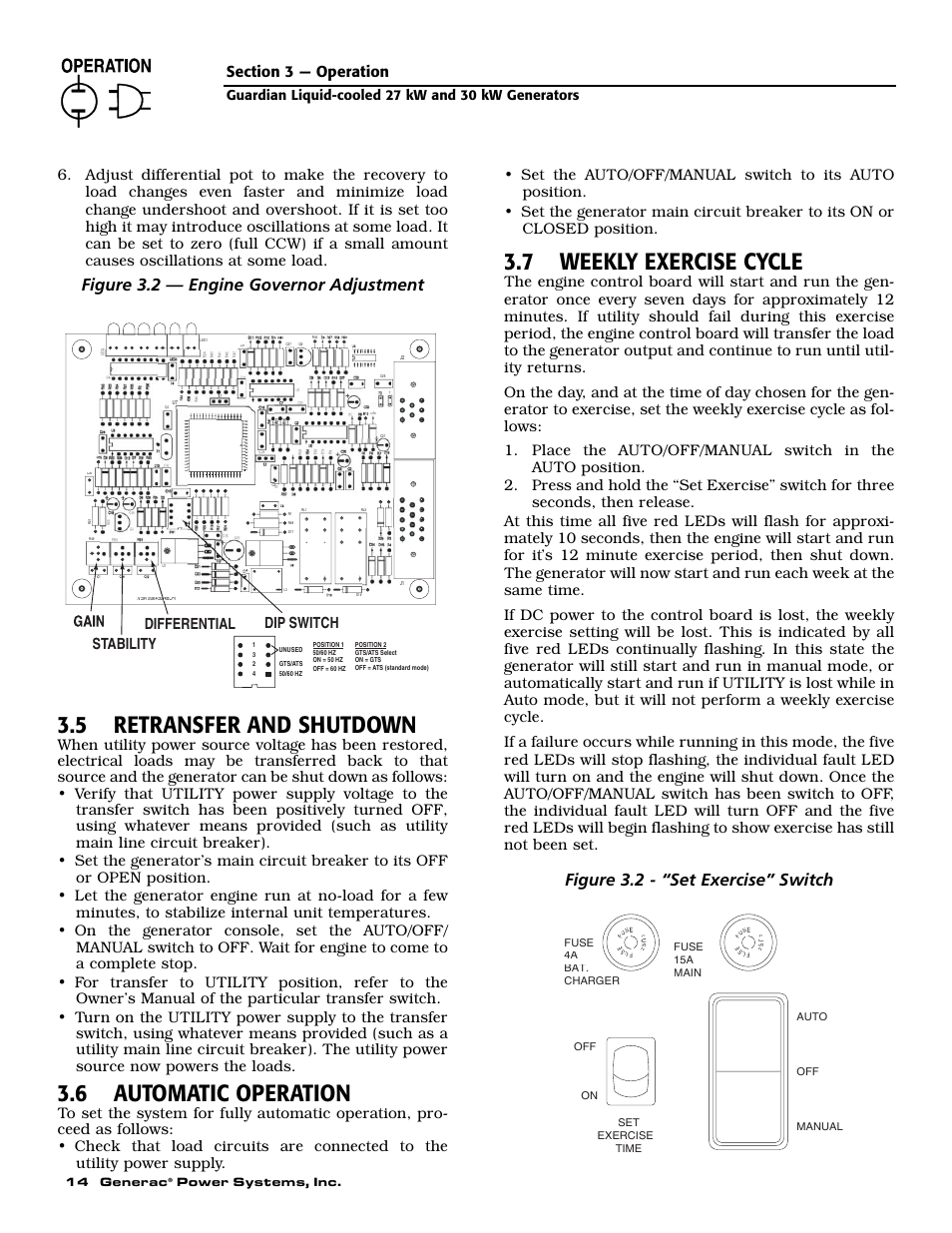 5 retransfer and shutdown, 6 automatic operation, 7 weekly exercise cycle | Figure 3.2 — engine governor adjustment, Figure 3.2 - “set exercise” switch, Stability differential dip switch, Guardian liquid-cooled 27 kw and 30 kw generators | Generac Power Systems 004988-1 User Manual | Page 16 / 48