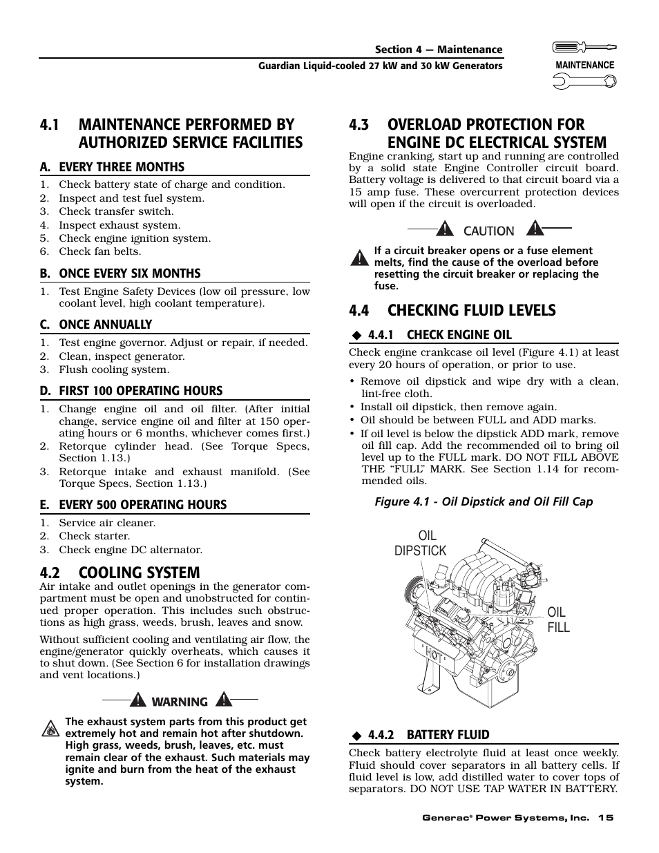 2 cooling system, 4 checking fluid levels | Generac Power Systems 004988-1 User Manual | Page 17 / 48