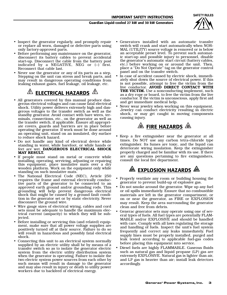 Electrical hazards, Fire hazards, Explosion hazards | Generac Power Systems 004988-1 User Manual | Page 5 / 48