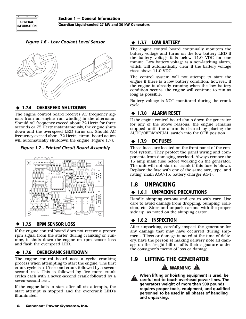 8 unpacking, 9 lifting the generator, 4 overspeed shutdown | 5 rpm sensor loss, 6 overcrank shutdown, 7 low battery, 8 alarm reset, 9 dc fuses, 1 unpacking precautions, 2 inspection | Generac Power Systems 004988-1 User Manual | Page 8 / 48