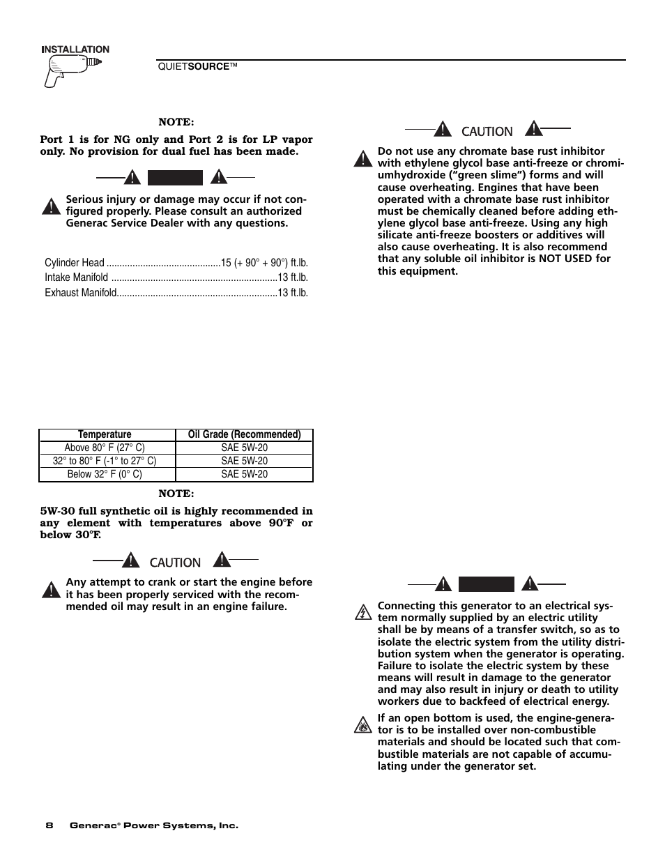 13 torque specifications, 14 engine oil recommendations, 15 coolant recommendations | 16 before installation, 1 standby generator installation | Generac Power Systems 004917-4 User Manual | Page 10 / 48