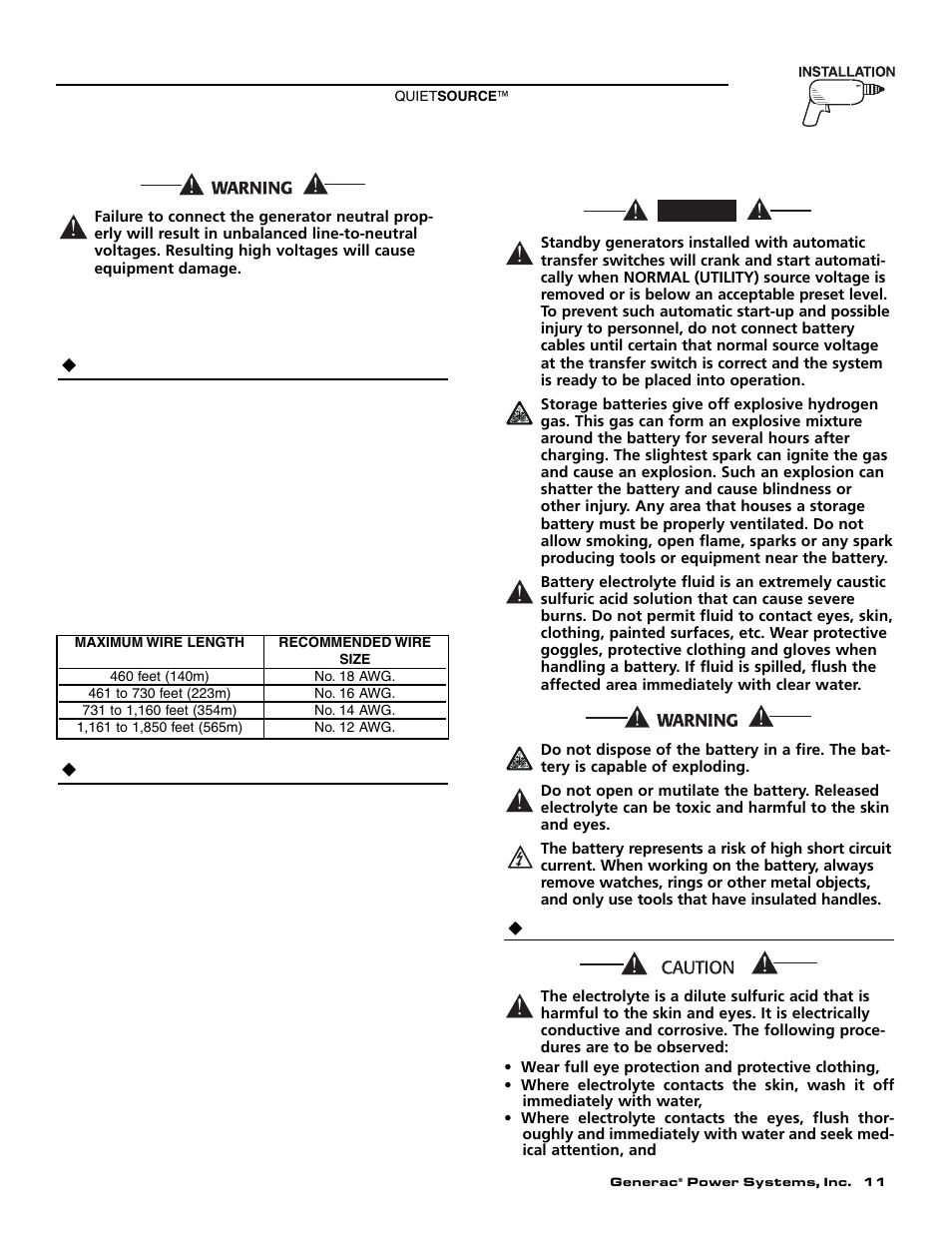 9 transfer switch signal connections, 10 battery installation | Generac Power Systems 004917-4 User Manual | Page 13 / 48