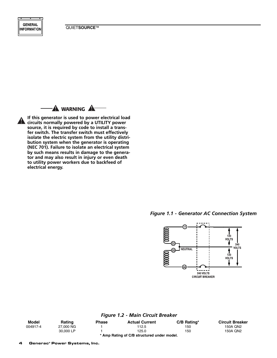 1 generator, 2 transfer switch, 3 automatic system operation | 4 generator ac connection systems, 5 main circuit breaker | Generac Power Systems 004917-4 User Manual | Page 6 / 48