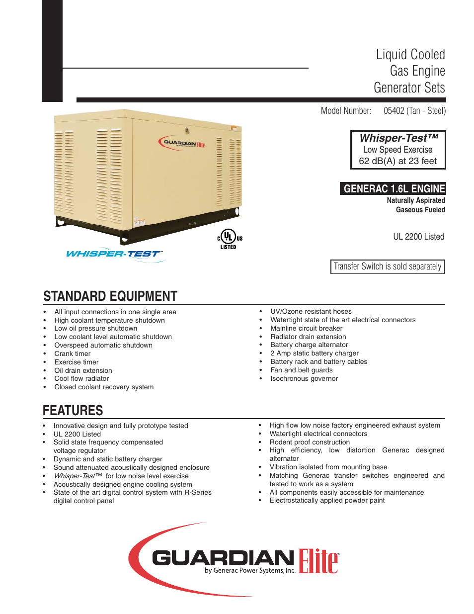 Generac Power Systems Guardian Elite 05402 User Manual | 4 pages