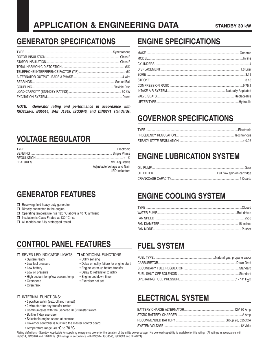 Application & engineering data, Generator specifications, Generator features | Voltage regulator, Control panel features, Engine specifications, Governor specifications, Engine lubrication system, Engine cooling system, Fuel system | Generac Power Systems Guardian Elite 05402 User Manual | Page 2 / 4