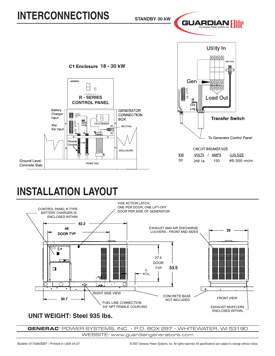 Interconnections installation layout, Unit weight: steel 935 lbs, 18 - 30 kw | Generac Power Systems Guardian Elite 05402 User Manual | Page 4 / 4
