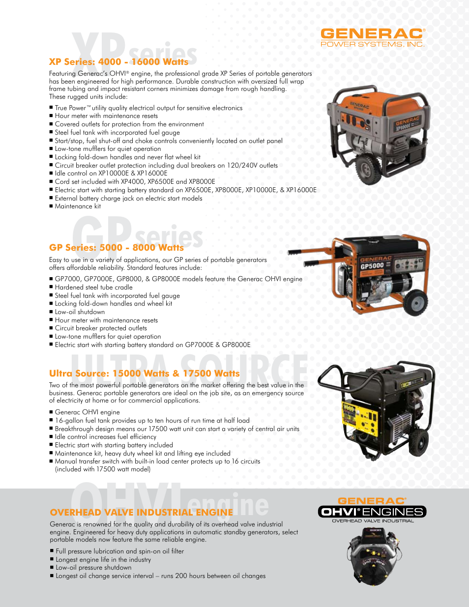 Ohvi, Ultra source, Engine | Series, Better power . more choices | Generac Power Systems XP Series User Manual | Page 3 / 4