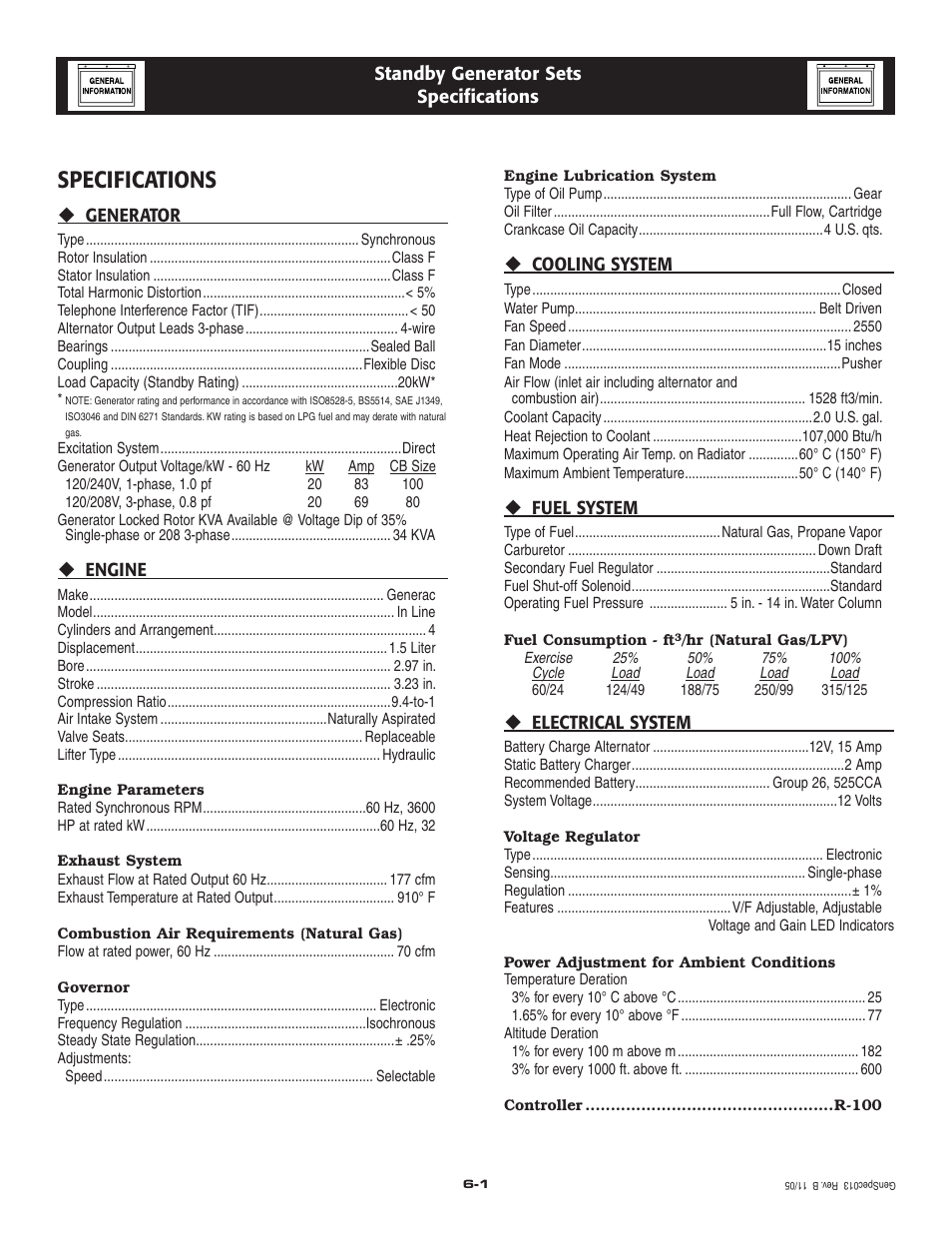 Specifications | Generac Power Systems 005210-0 User Manual | Page 10 / 56