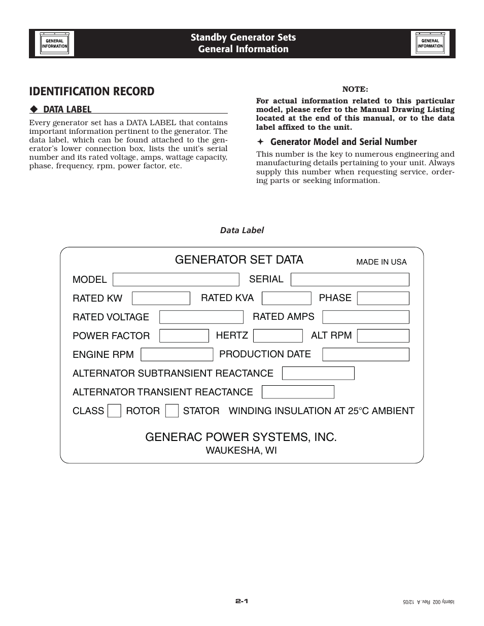 Identification record, Generac power systems, inc, Generator set data | Generac Power Systems 005210-0 User Manual | Page 6 / 56