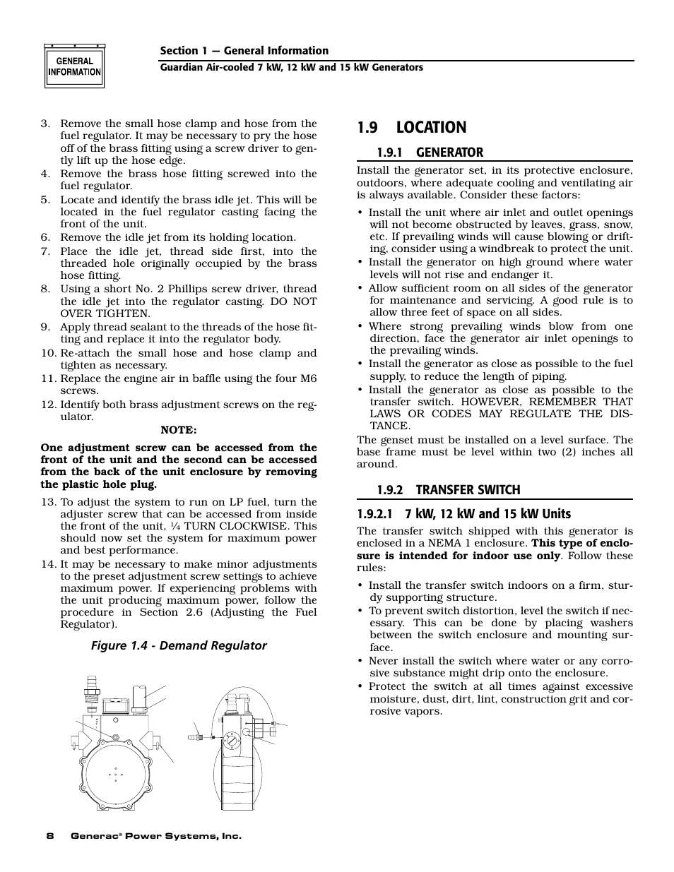 9 location, 1 generator, Figure 1.4 - demand regulator | Generac Power Systems 04389-1 User Manual | Page 10 / 60