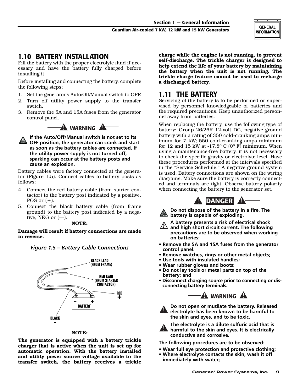 10 battery installation, 11 the battery, Danger | Generac Power Systems 04389-1 User Manual | Page 11 / 60