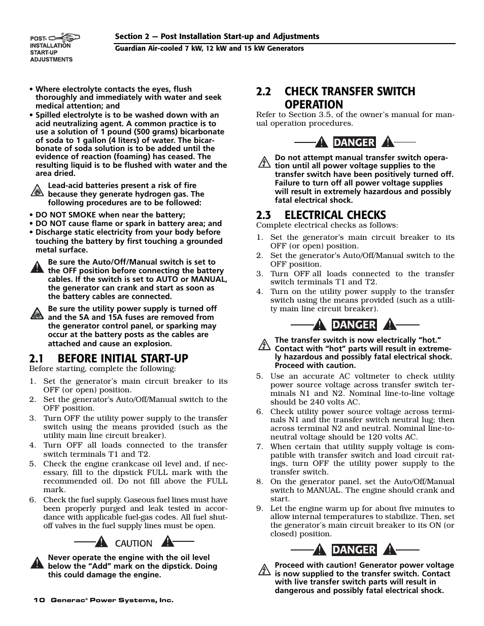 1 before initial start-up, 2 check transfer switch operation, 3 electrical checks | Danger | Generac Power Systems 04389-1 User Manual | Page 12 / 60