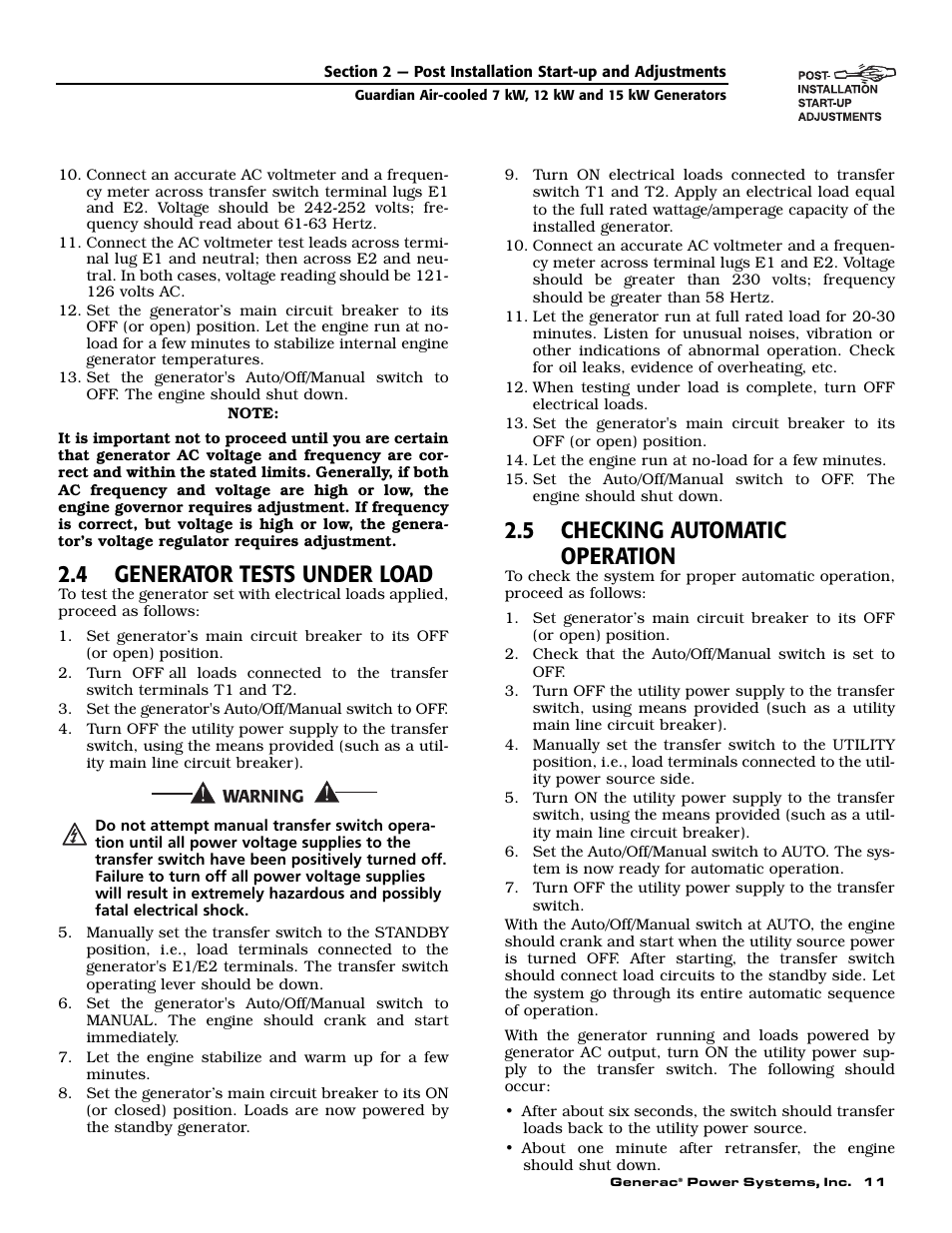 4 generator tests under load, 5 checking automatic operation | Generac Power Systems 04389-1 User Manual | Page 13 / 60