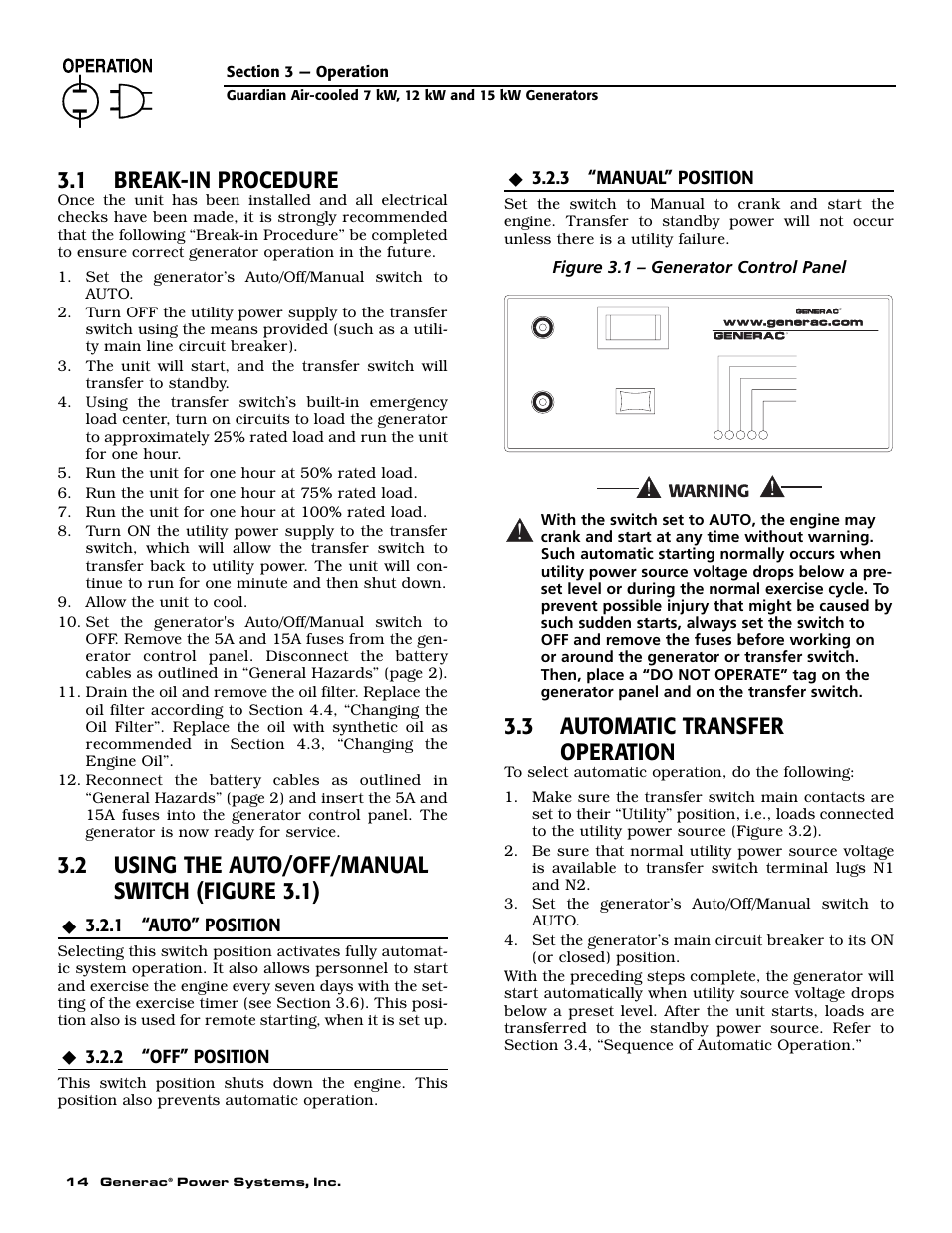 1 break-in procedure, 2 using the auto/off/manual switch (figure 3.1), 3 automatic transfer operation | 1 “auto” position, 2 “off” position, 3 “manual” position, Figure 3.1 – generator control panel | Generac Power Systems 04389-1 User Manual | Page 16 / 60