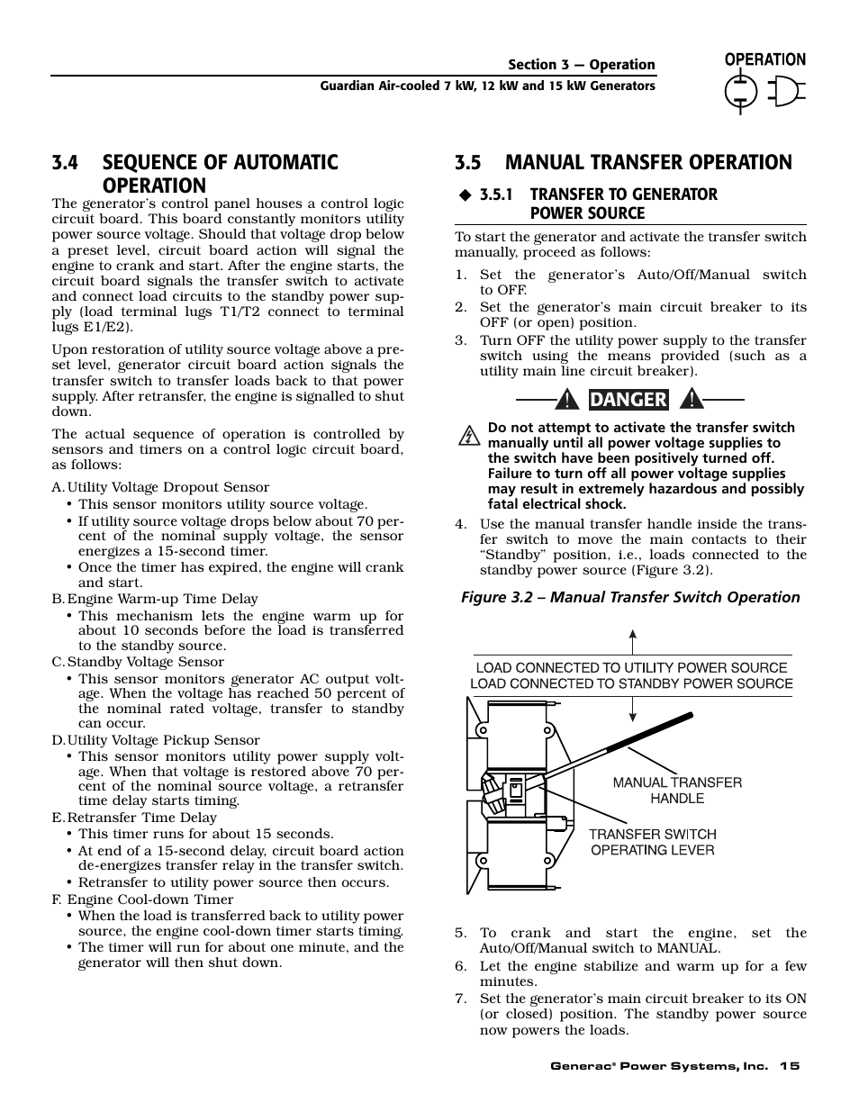 4 sequence of automatic operation, 5 manual transfer operation, Danger | Generac Power Systems 04389-1 User Manual | Page 17 / 60