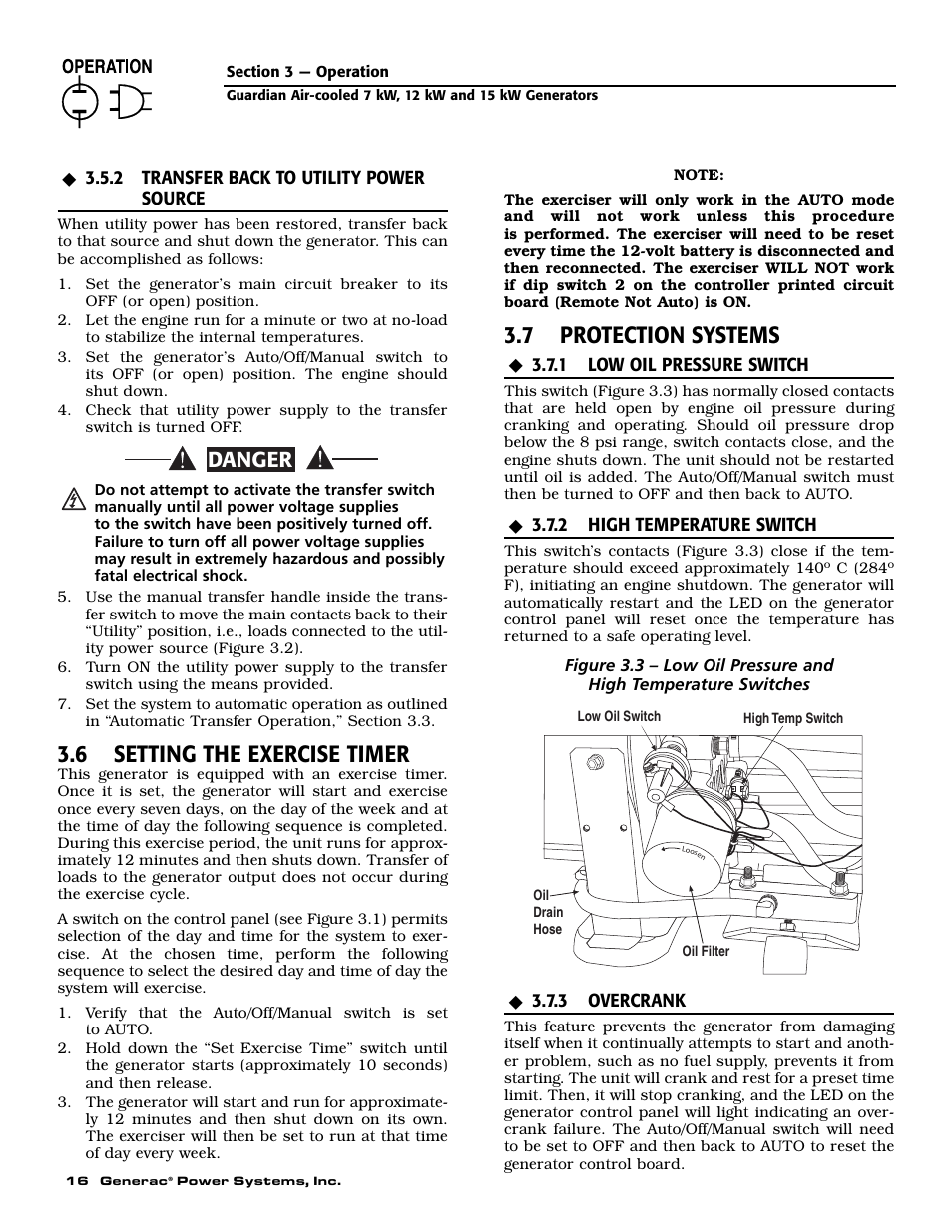 6 setting the exercise timer, 7 protection systems, Danger | Generac Power Systems 04389-1 User Manual | Page 18 / 60