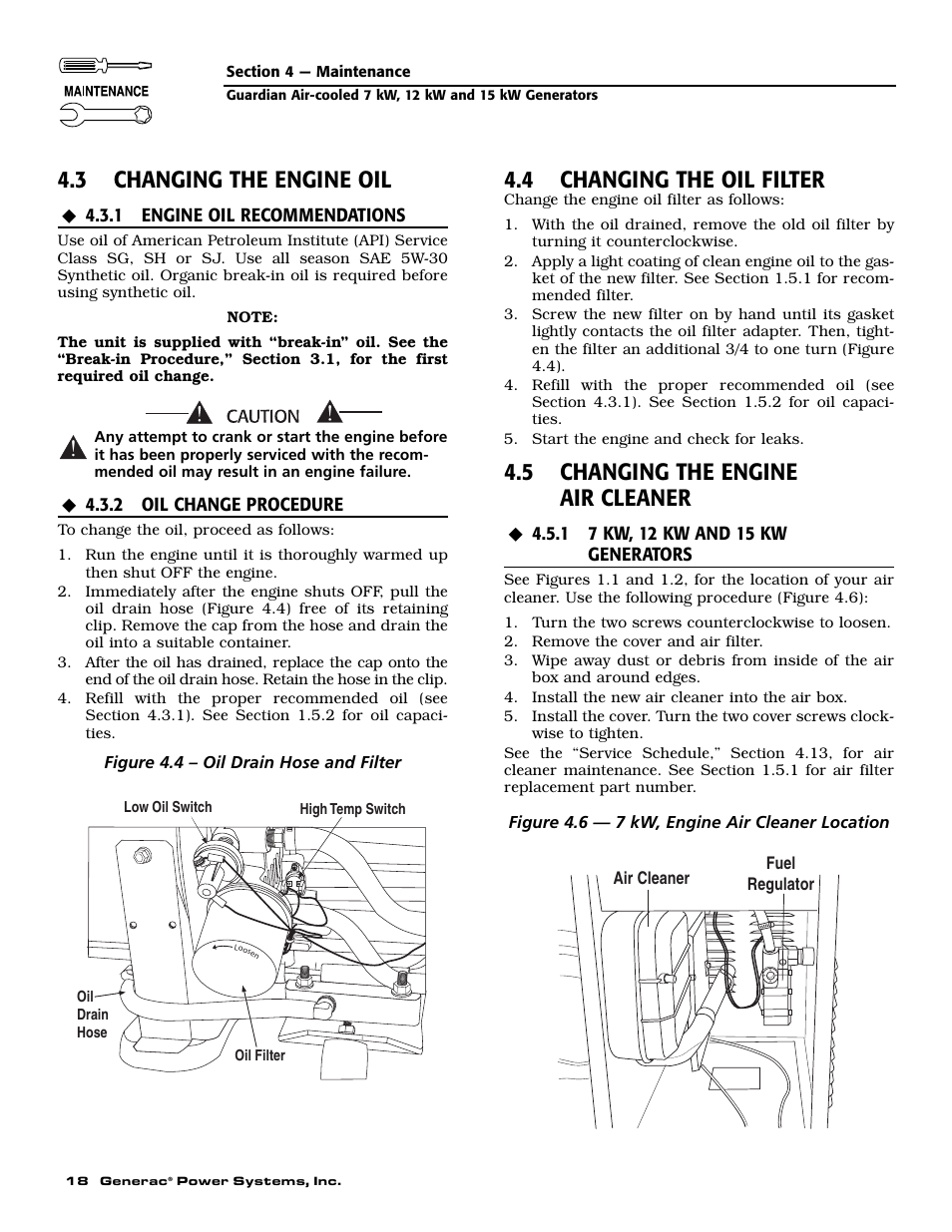 3 changing the engine oil, 4 changing the oil filter, 5 changing the engine air cleaner | Generac Power Systems 04389-1 User Manual | Page 20 / 60