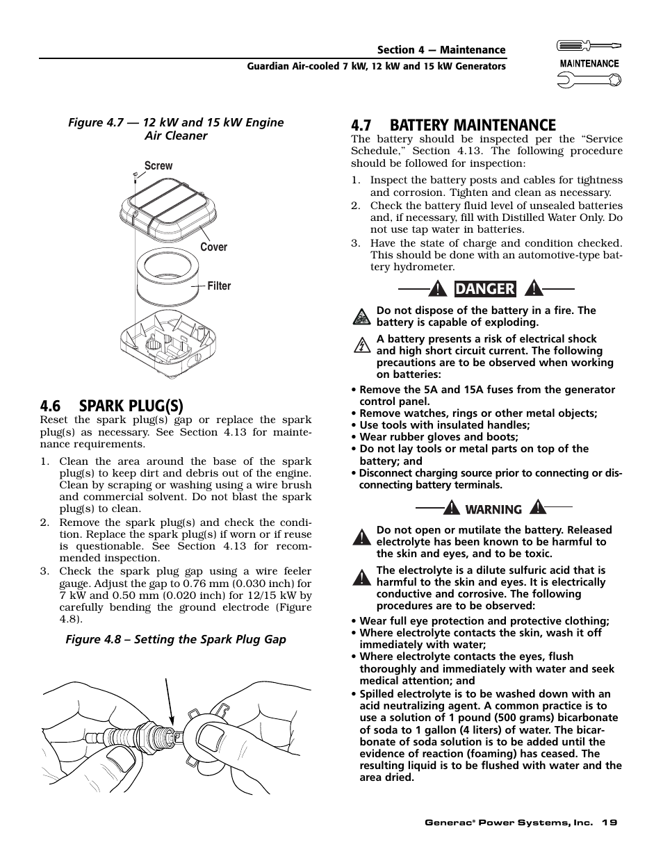 6 spark plug(s), 7 battery maintenance, Danger | Generac Power Systems 04389-1 User Manual | Page 21 / 60