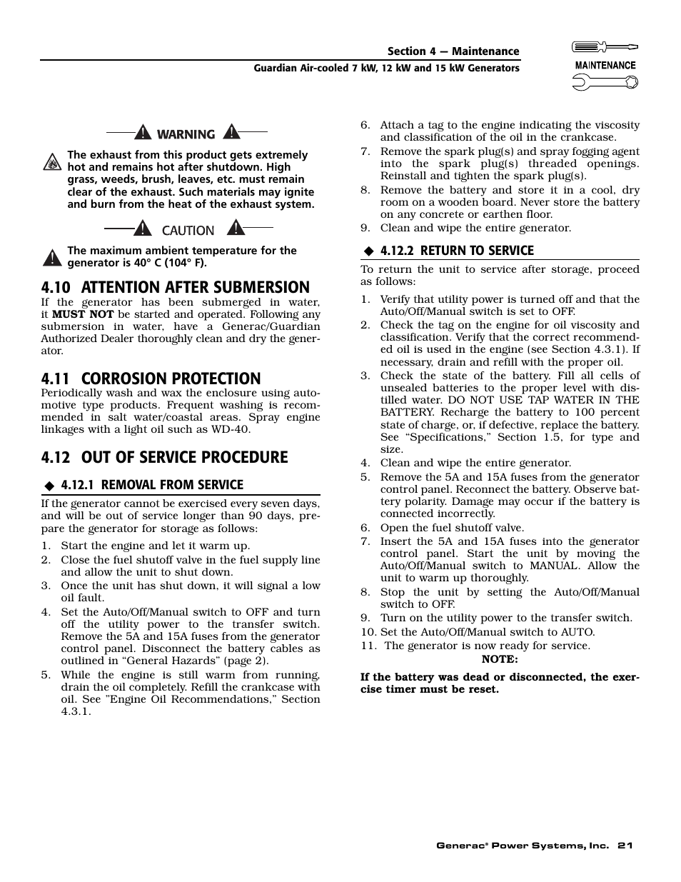 10 attention after submersion, 11 corrosion protection, 12 out of service procedure | Generac Power Systems 04389-1 User Manual | Page 23 / 60