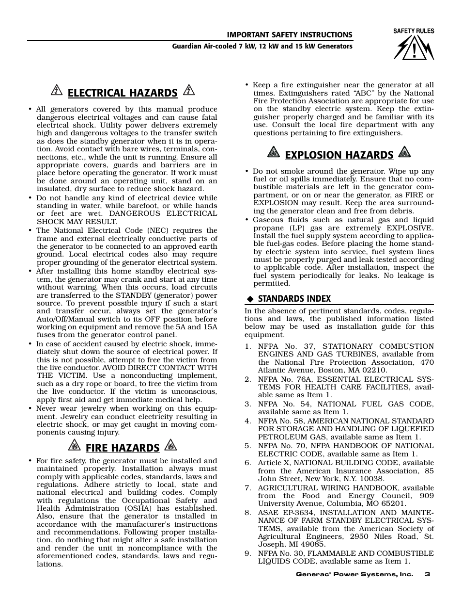 Electrical hazards, Fire hazards, Explosion hazards | Generac Power Systems 04389-1 User Manual | Page 5 / 60