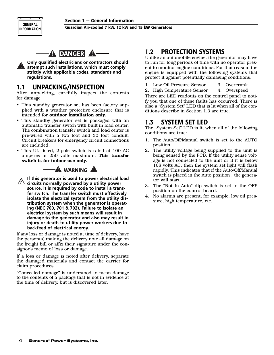 1 unpacking/inspection, 2 protection systems, 3 system set led | Danger | Generac Power Systems 04389-1 User Manual | Page 6 / 60