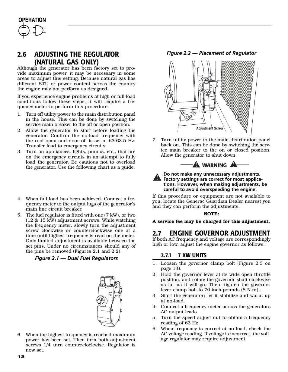 6 adjusting the regulator (natural gas only), 7 engine governor adjustment | Generac Power Systems 04758-0 User Manual | Page 14 / 56