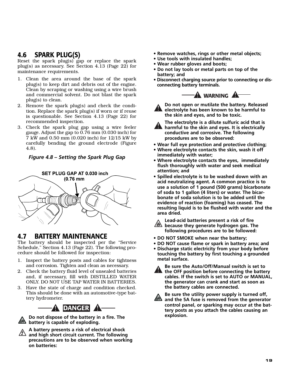 6 spark plug(s), 7 battery maintenance, Danger | Generac Power Systems 04758-0 User Manual | Page 21 / 56