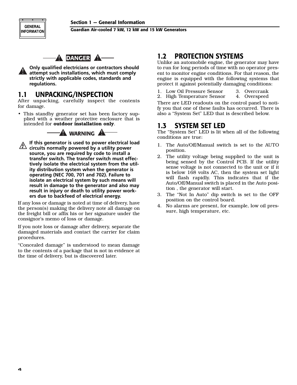 1 unpacking/inspection, 2 protection systems, 3 system set led | Generac Power Systems 04758-0 User Manual | Page 6 / 56