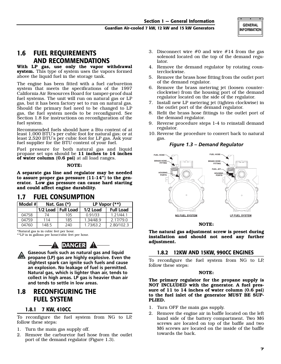 6 fuel requirements and recommendations, 7 fuel consumption, 8 reconfiguring the fuel system | Danger | Generac Power Systems 04758-0 User Manual | Page 9 / 56