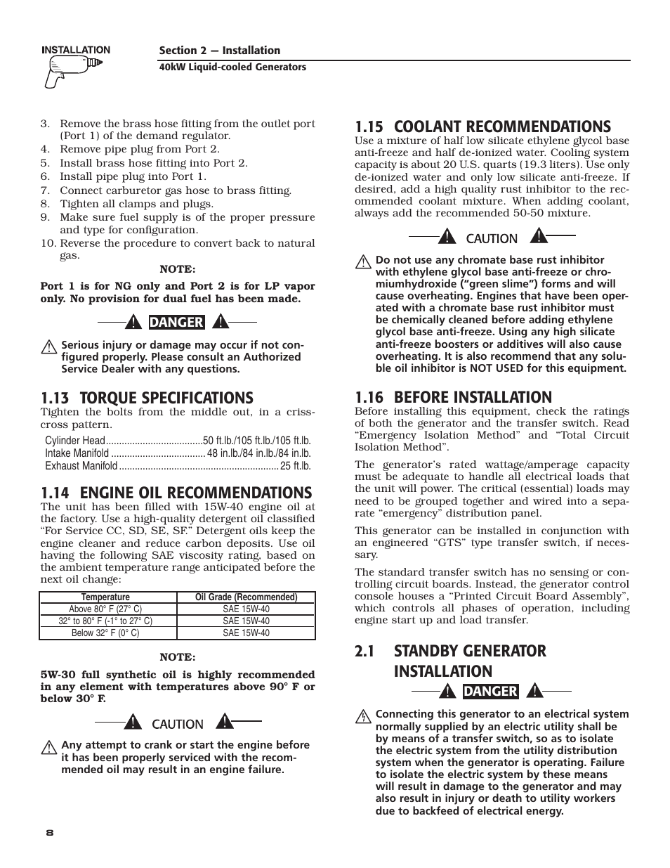 13 torque specifications, 14 engine oil recommendations, 15 coolant recommendations | 16 before installation, 1 standby generator installation | Generac Power Systems 005012-1 User Manual | Page 10 / 48
