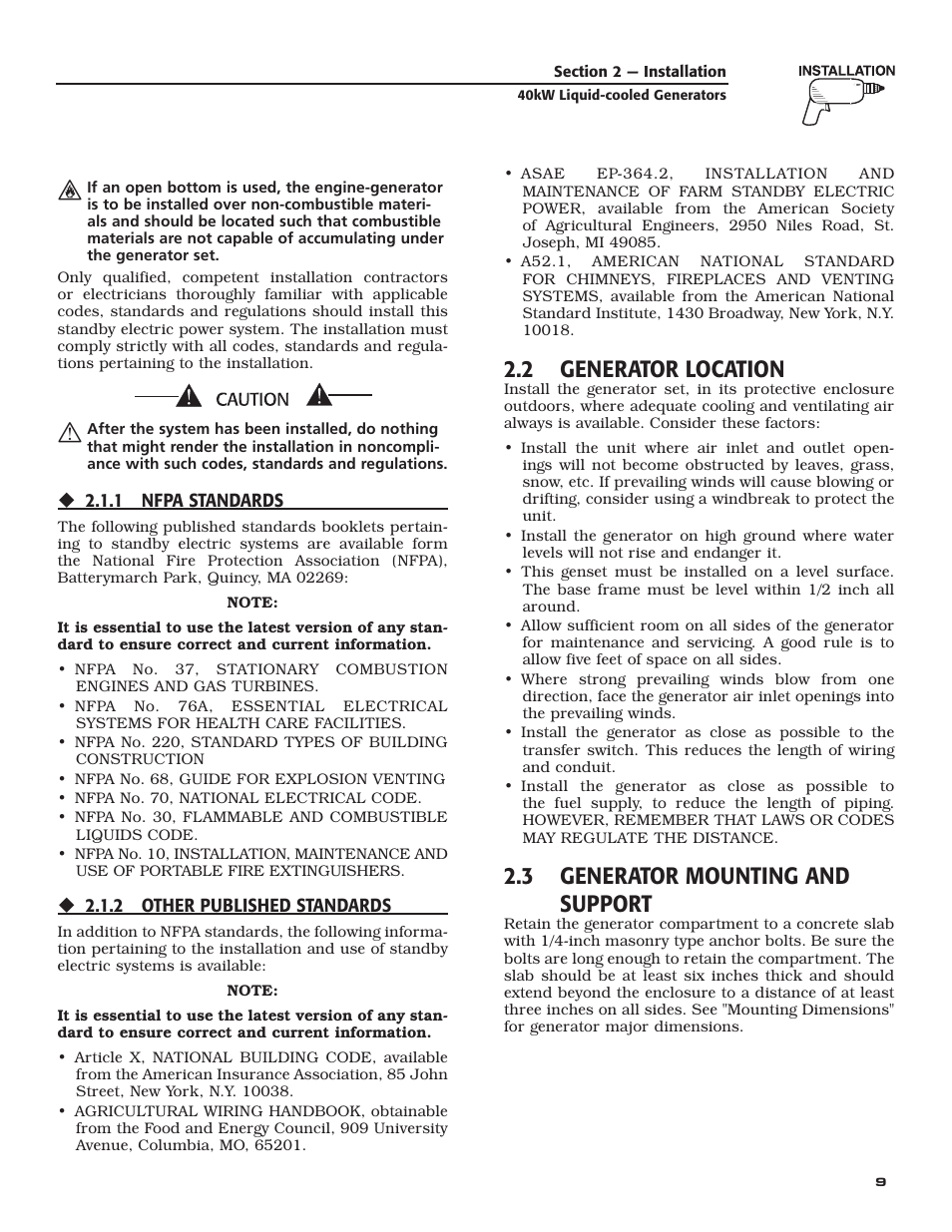 2 generator location, 3 generator mounting and support | Generac Power Systems 005012-1 User Manual | Page 11 / 48