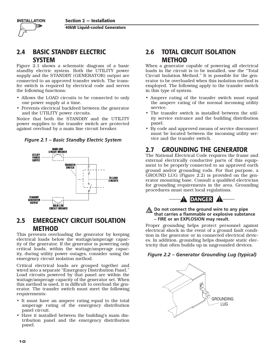 4 basic standby electric system, 5 emergency circuit isolation method, 6 total circuit isolation method | 7 grounding the generator | Generac Power Systems 005012-1 User Manual | Page 12 / 48