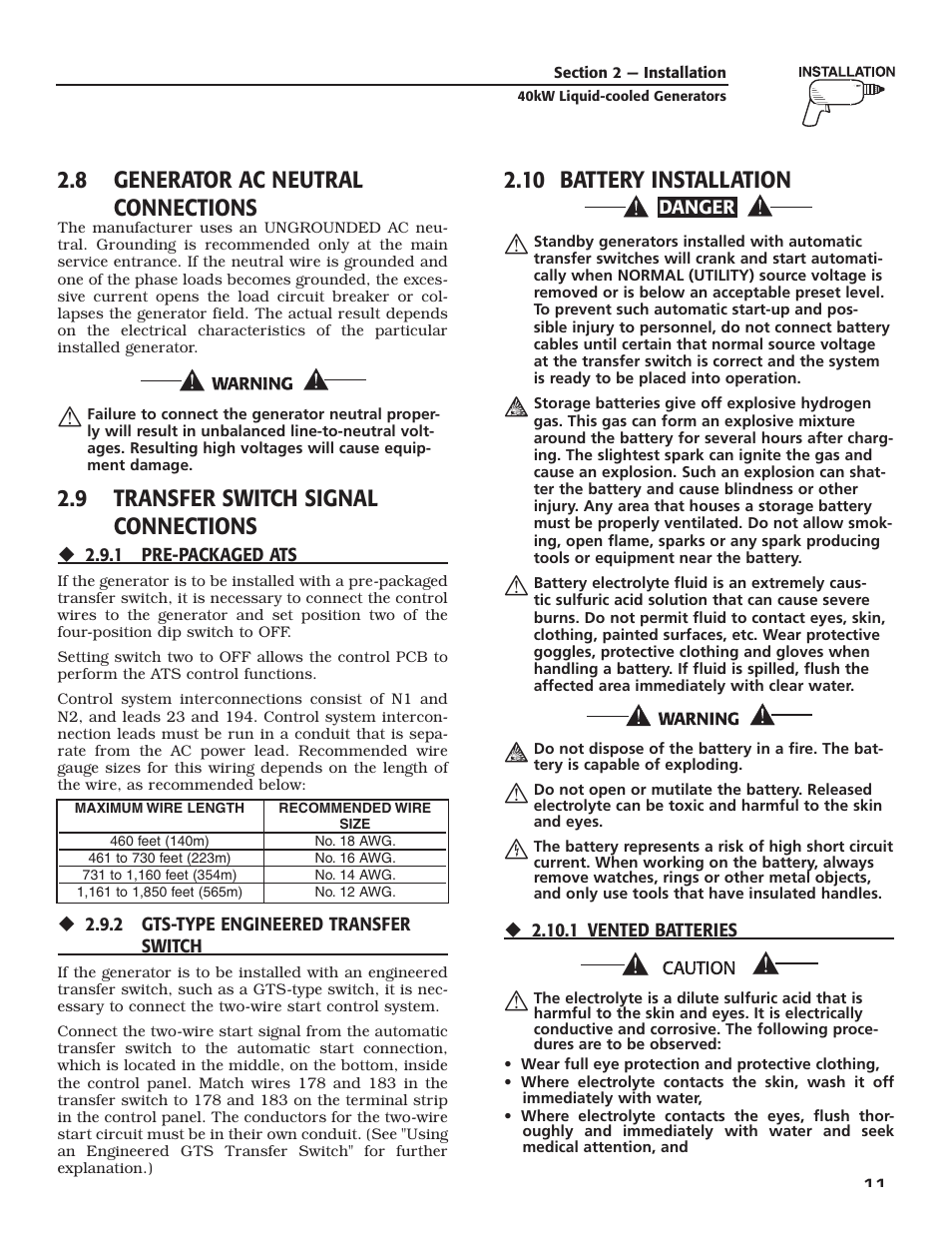 8 generator ac neutral connections, 9 transfer switch signal connections, 10 battery installation | Generac Power Systems 005012-1 User Manual | Page 13 / 48