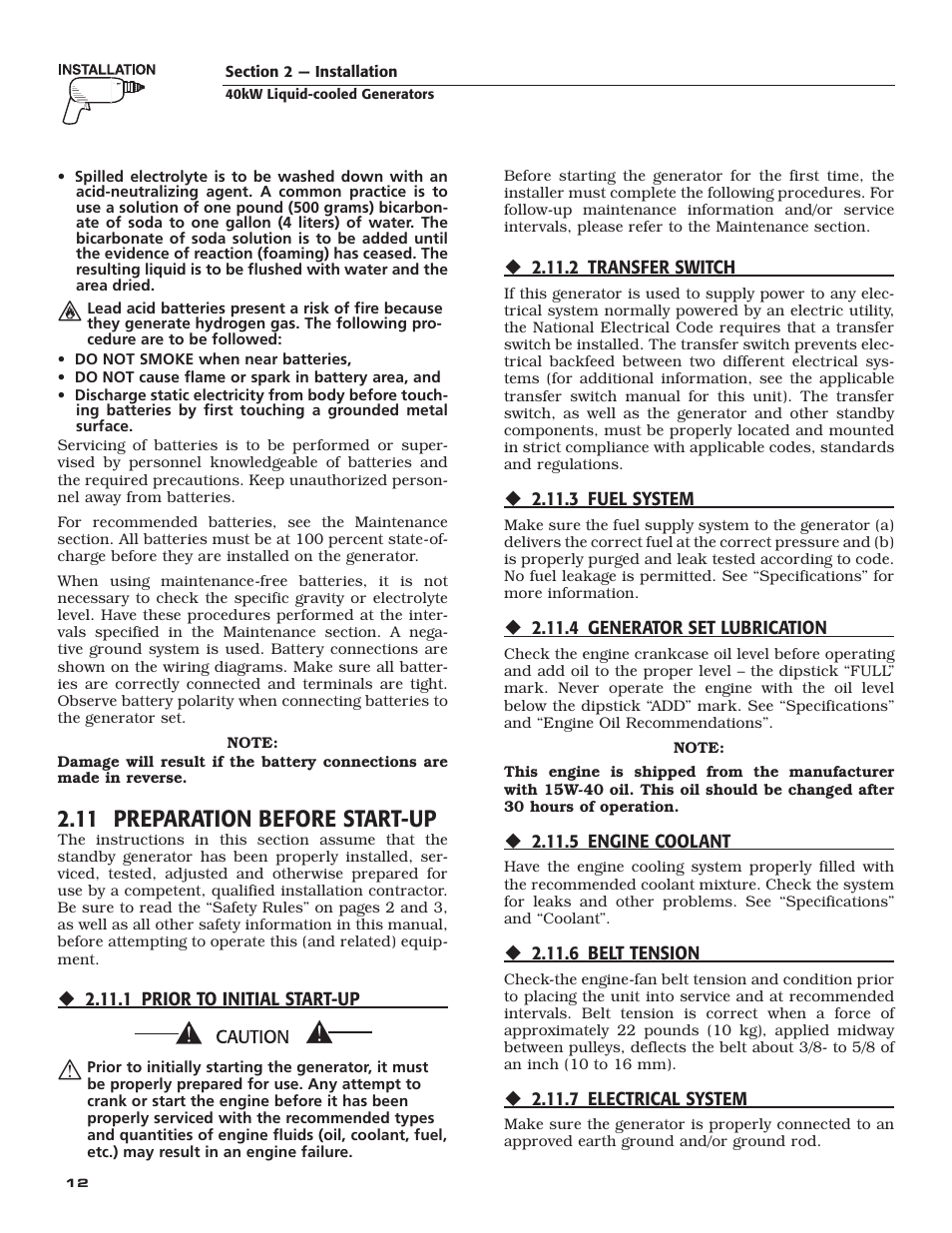 11 preparation before start-up | Generac Power Systems 005012-1 User Manual | Page 14 / 48
