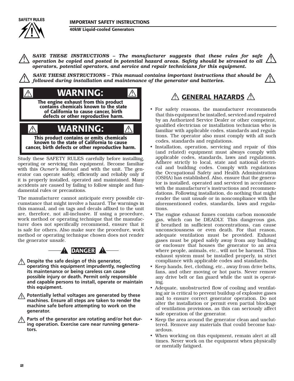 Warning | Generac Power Systems 005012-1 User Manual | Page 4 / 48
