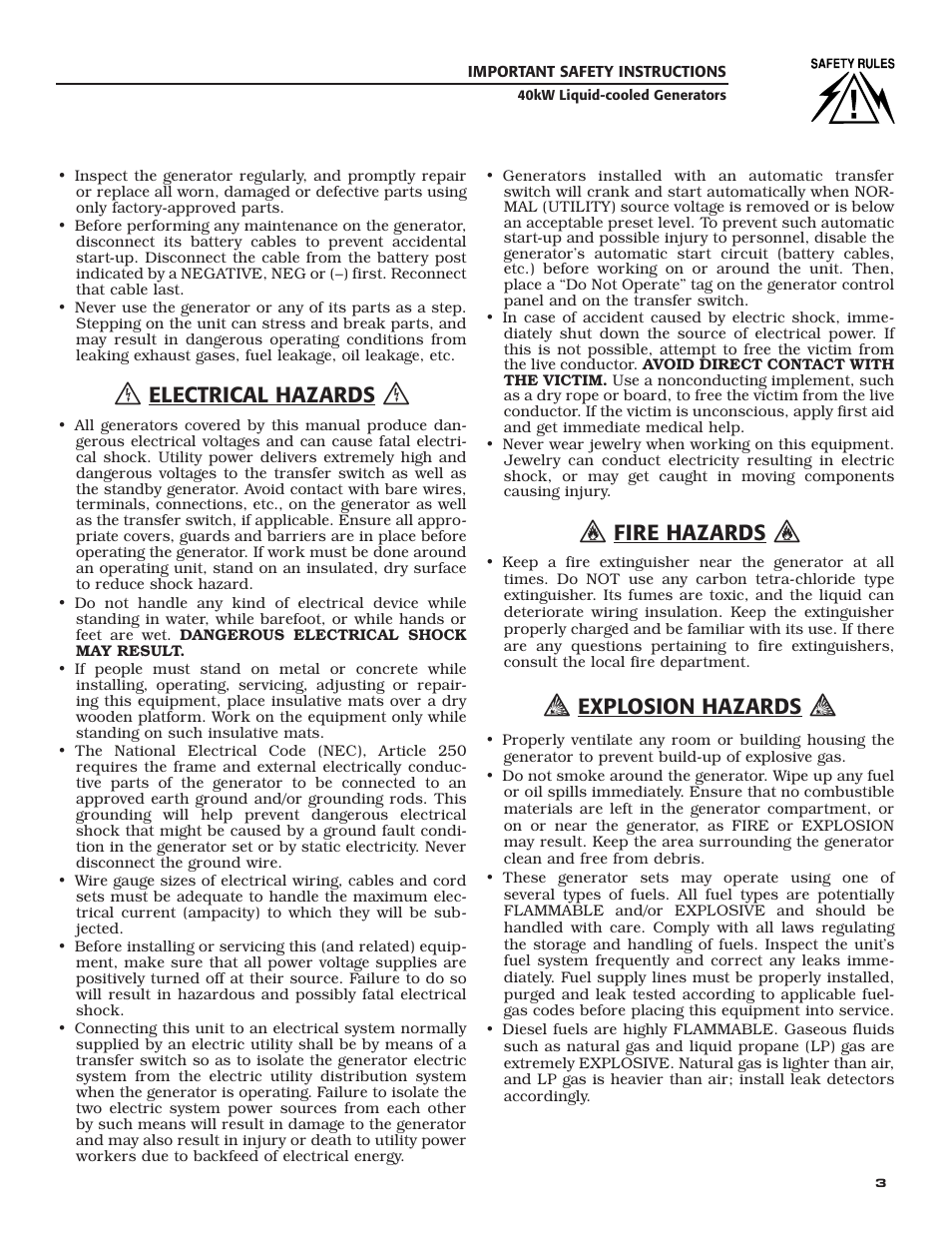Electrical hazards, Fire hazards, Explosion hazards | Generac Power Systems 005012-1 User Manual | Page 5 / 48