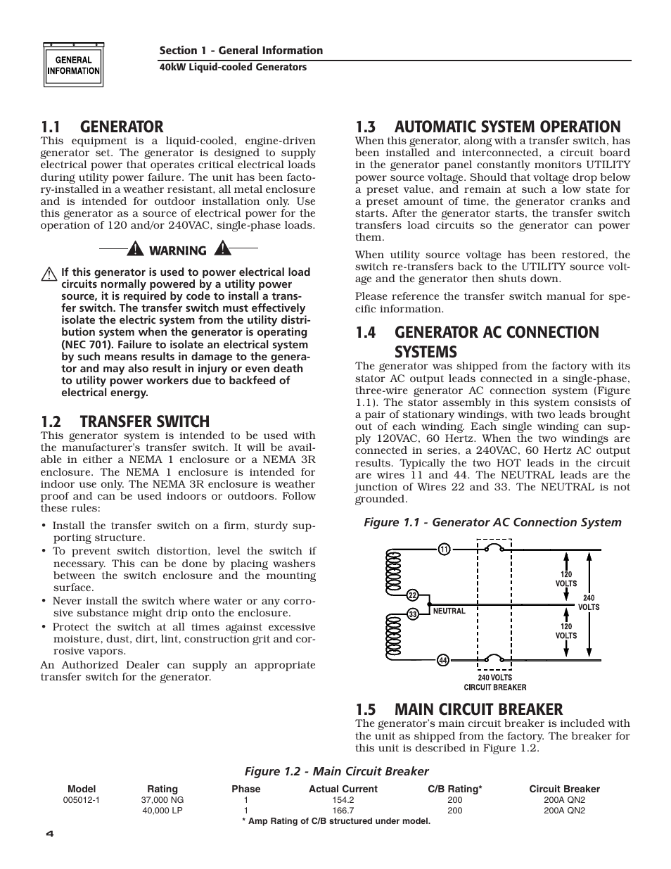 1 generator, 2 transfer switch, 3 automatic system operation | 4 generator ac connection systems, 5 main circuit breaker | Generac Power Systems 005012-1 User Manual | Page 6 / 48