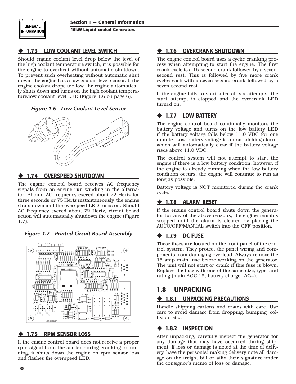 8 unpacking, 3 low coolant level switch, 4 overspeed shutdown | 5 rpm sensor loss, 6 overcrank shutdown, 7 low battery, 8 alarm reset, 9 dc fuse, 1 unpacking precautions, 2 inspection | Generac Power Systems 005012-1 User Manual | Page 8 / 48