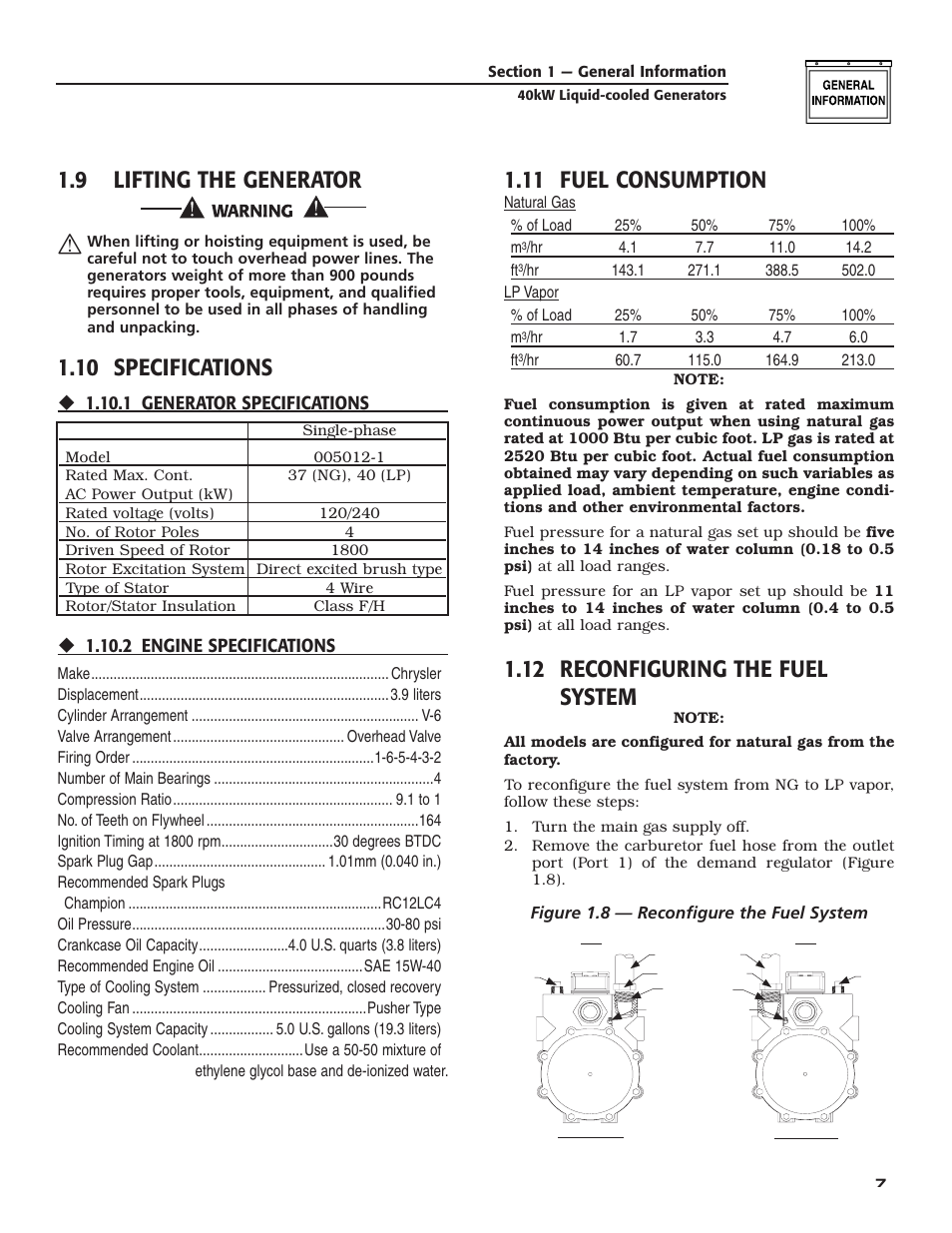 9 lifting the generator, 10 specifications, 11 fuel consumption | 12 reconfiguring the fuel system | Generac Power Systems 005012-1 User Manual | Page 9 / 48