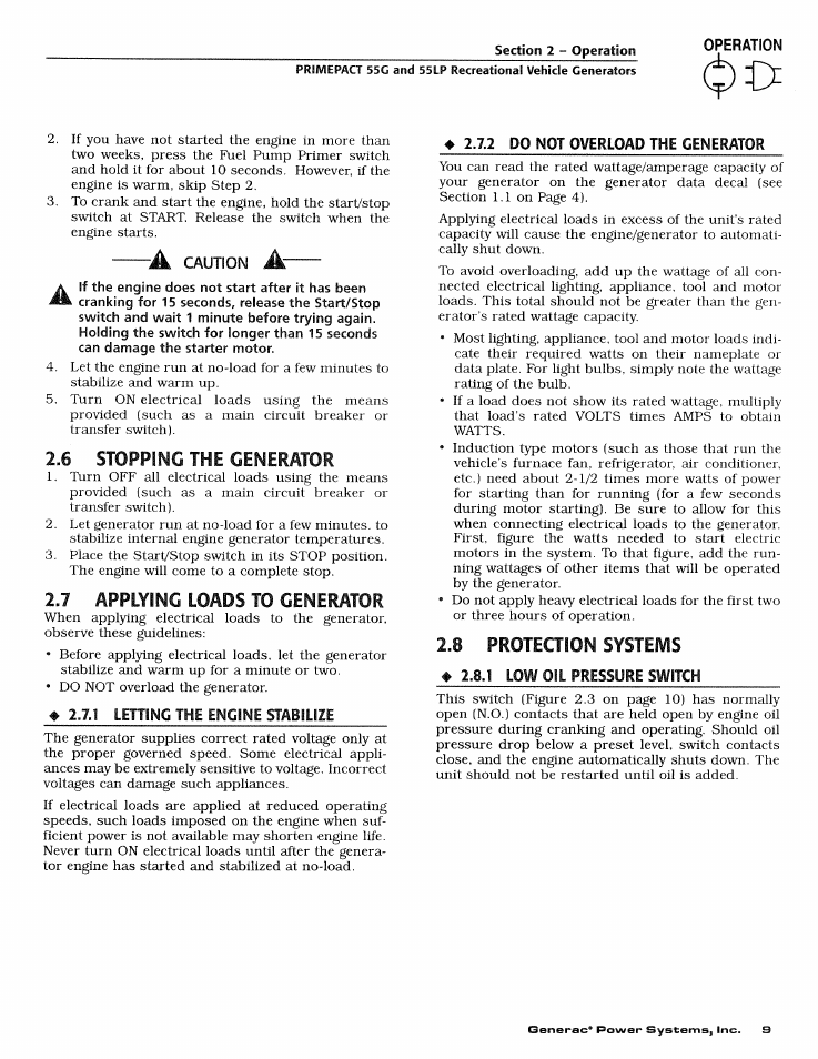 6 stopping the generator, 7 applying loads to generator, 8 protection systems | Generac Power Systems NP Series User Manual | Page 11 / 56