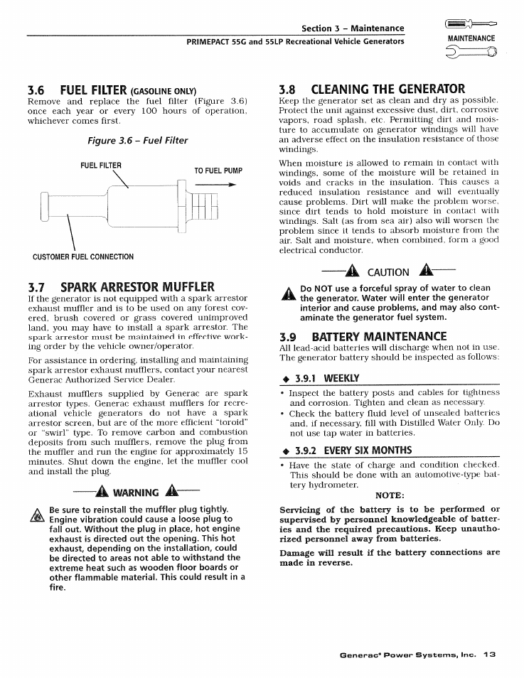 7 spark arrestor ivluffler, 9 battery maintenance | Generac Power Systems NP Series User Manual | Page 15 / 56