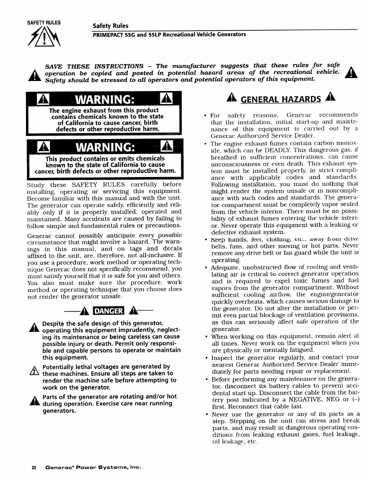 Warning | Generac Power Systems NP Series User Manual | Page 4 / 56