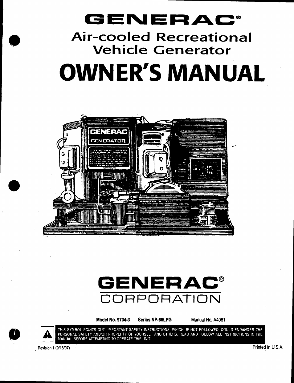 Generac Power Systems Air-cooled Recreational Vehicle Generator 9734-3 User Manual | 32 pages
