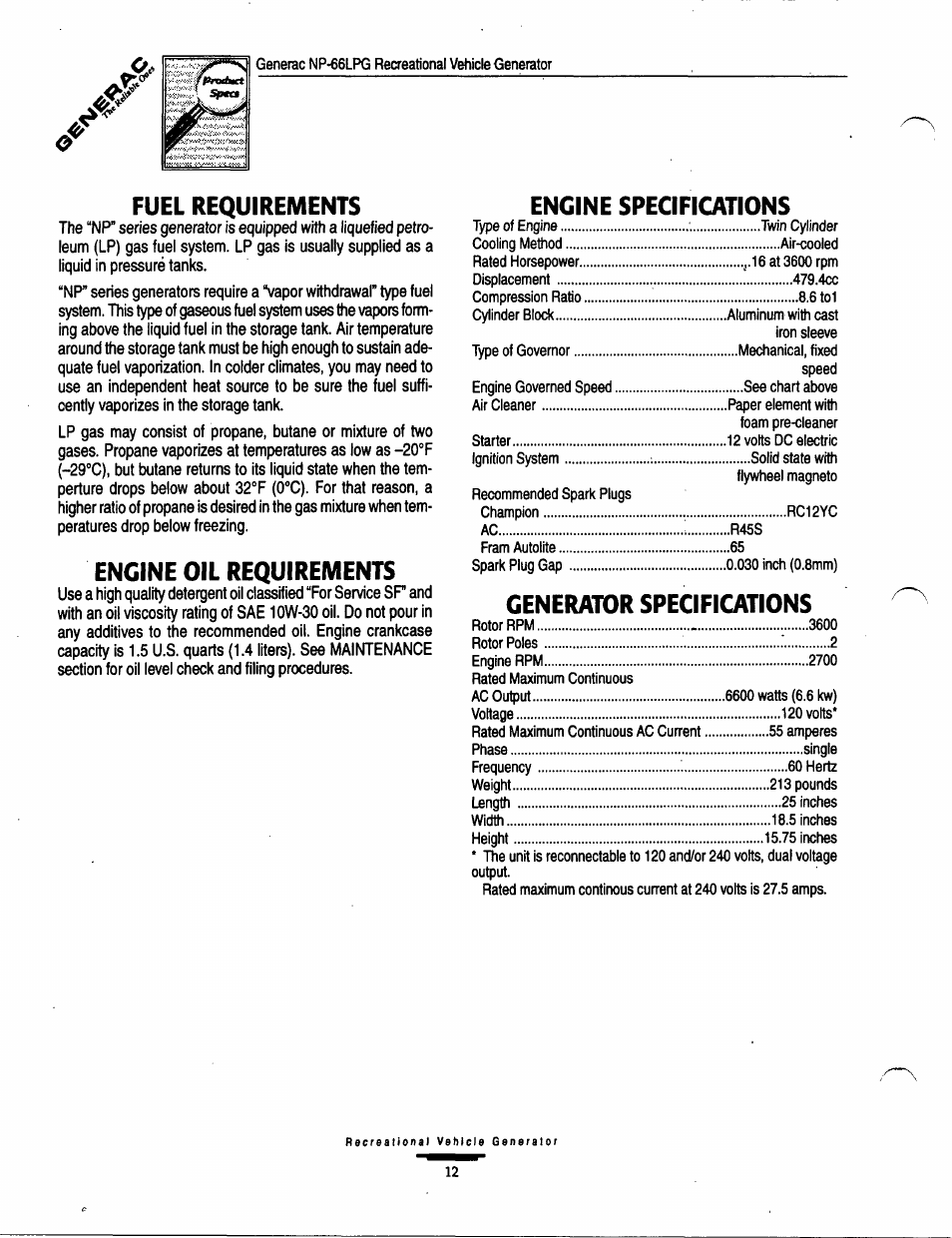 Fuel requirements, Engine oil requirements, Engine specifications | Generator specifications | Generac Power Systems Air-cooled Recreational Vehicle Generator 9734-3 User Manual | Page 12 / 32