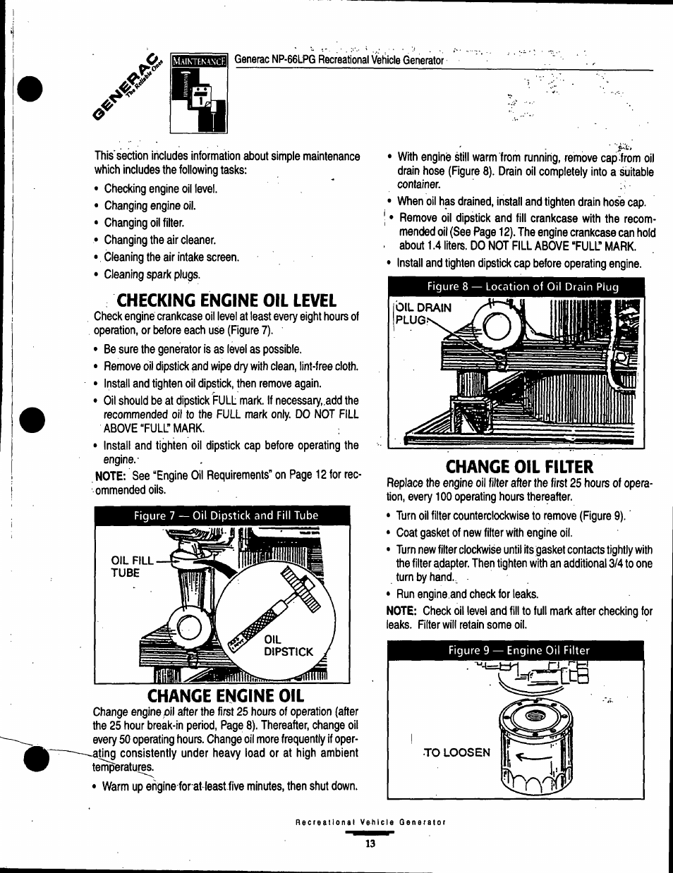 Checking engine oil level, Change engine oil, Change oil filter | Generac Power Systems Air-cooled Recreational Vehicle Generator 9734-3 User Manual | Page 13 / 32